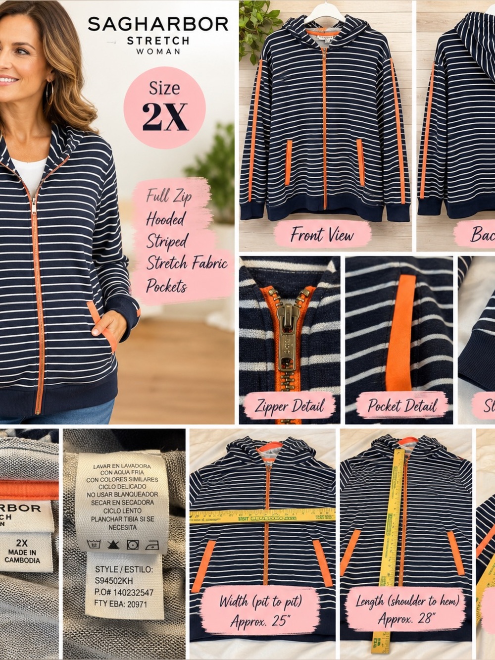 Sag Harbor Navy & White Striped Zip Hoodie with Orange Trim